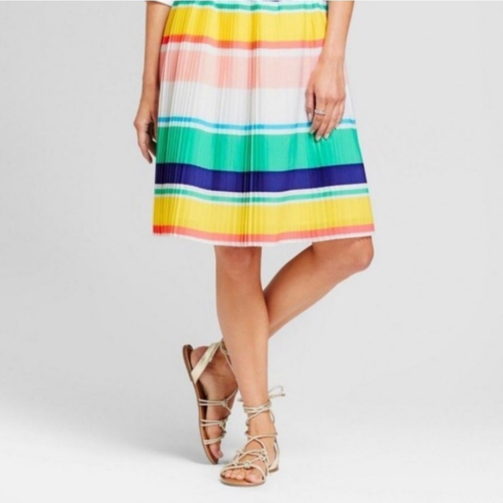 Merona Pleated Skirt,Multicolored, Medium (green,navy blue,yellow,peach, white)